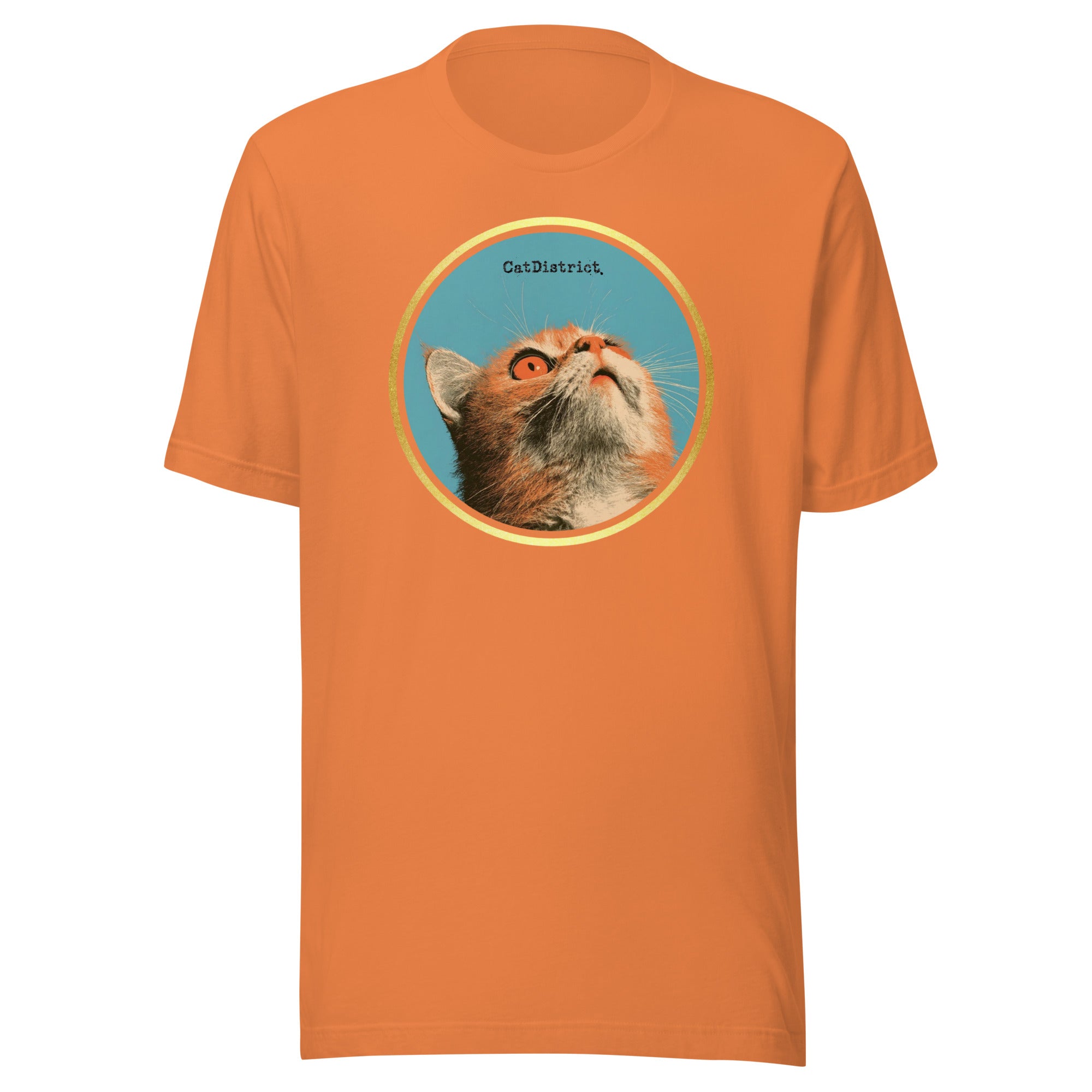 CatDistrict t-shirt in burnt orange with the original CatDistrict cat graphic