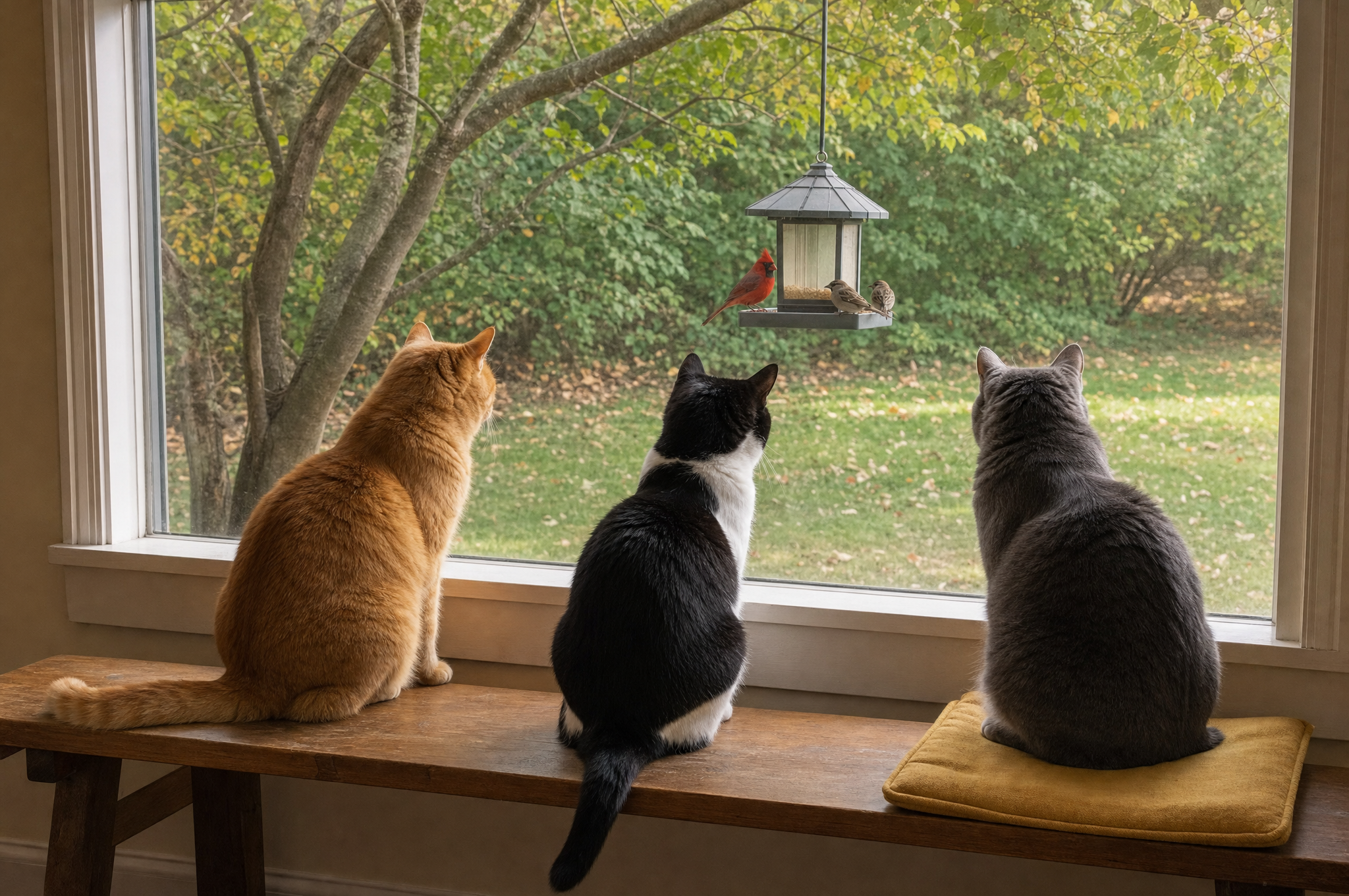 Three cats sit together inside a low living-room window, watching birds at a feeder outside.