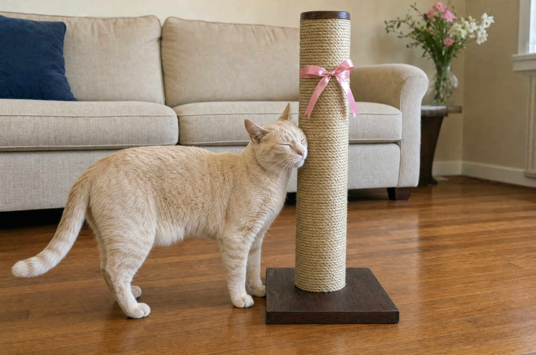 A cream-colored cat rubs her cheek against a tall rope wrapped scratching post in a living room.